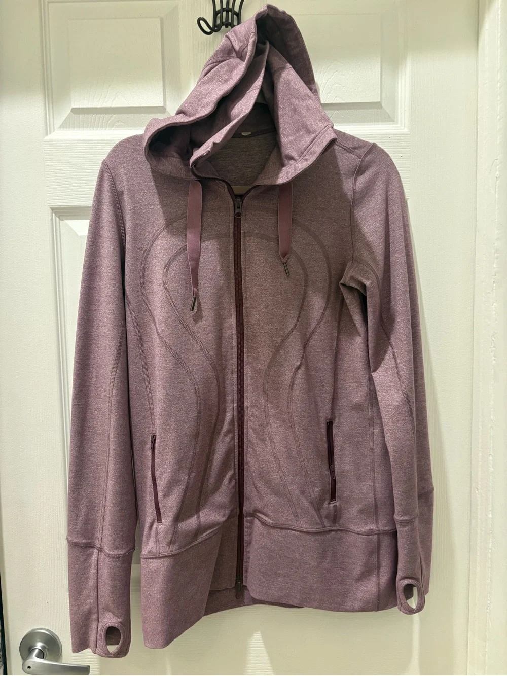 Lululemon Hooded Define Jacket Heathered Mauve Plum Size 8 Full Zip Thumbholes